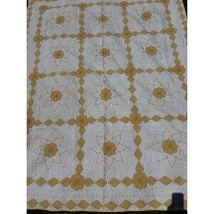 Vintage Hand Stitched Quilt Flower Star Design 68" X 86" Yellow White Farmhouse
